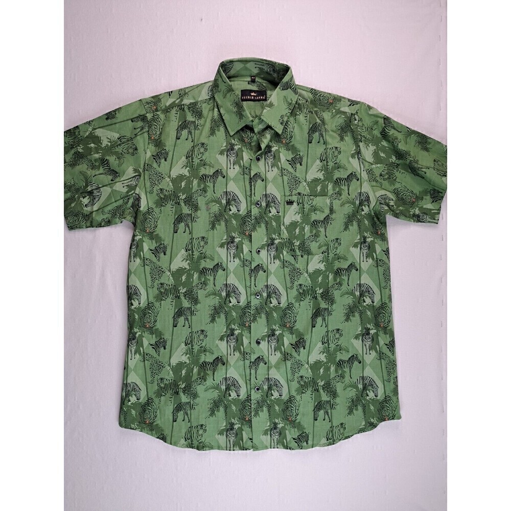 FRENCH Crown Mens Animal Print Shirt Sz 42 Large Green Button Up Short Sleeve